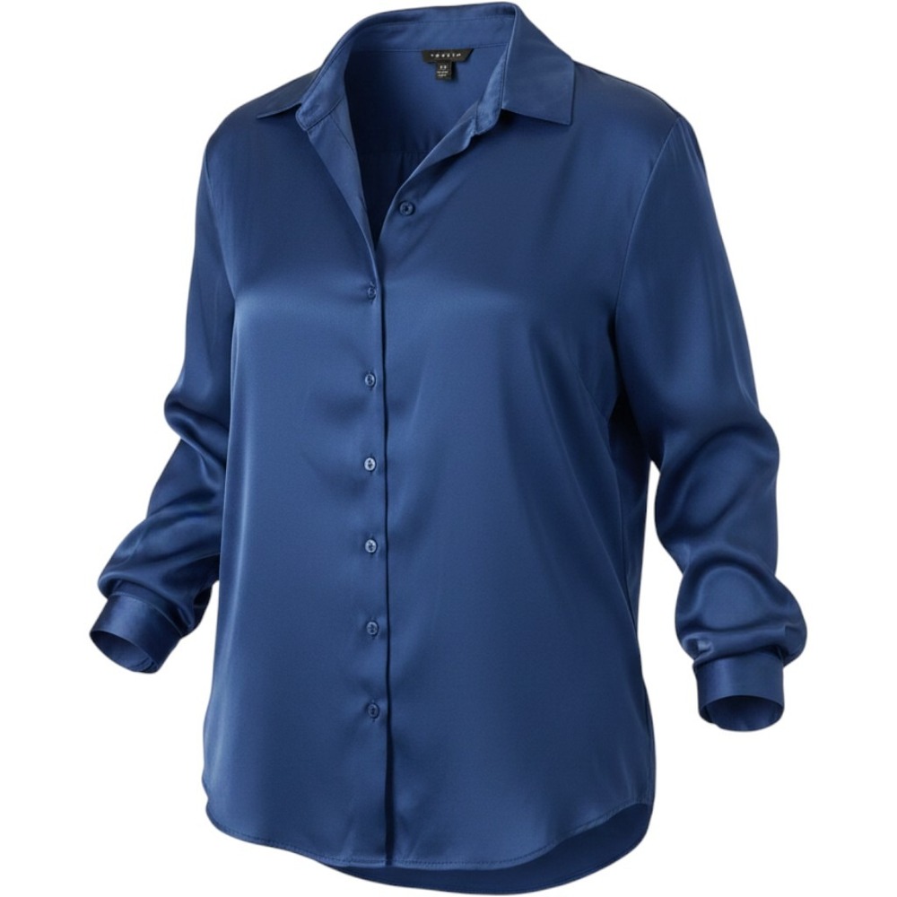 Torrid Womens Navy Blue Satin Long Sleeve Button Down Blouse Shirt Size 00 Large